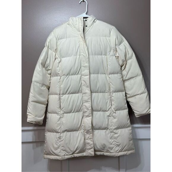 L.L. Bean Mid Long Cream Hooded Down Puffer All Weather Coat Jacket Large - Picture 2 of 11